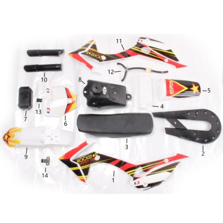 Despiece Minicross 50cc (PLÁSTICOS, DEPÓSITO, ASIENTO Y GRIFO GASOLINA)