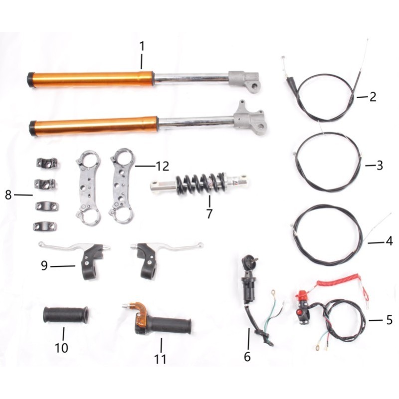 Despiece Minicross 50cc (SUSPENSIONES, TIJAS, ACELERADOR, BOMBIN Y CABLEADO)