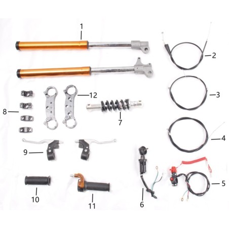 Despiece Minicross 50cc (SUSPENSIONES, TIJAS, ACELERADOR, BOMBIN Y CABLEADO)