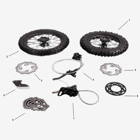 Despiece Junior 110 (RUEDAS, FRENOS, CADENA, PLATO, CUBRECADENA)